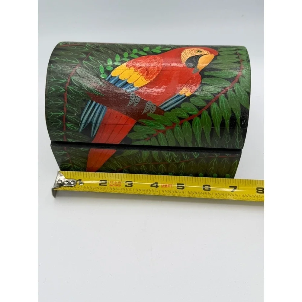 Hand Painted Wooden Jewelry Box Parrot Tropical Bird Hinged Lid Folk Art READ
